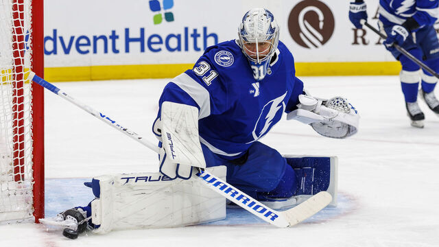 TAMPA, FL - APRIL 13: Goalie Jonas Johansson #31 of the Tampa Bay Lightning tends net against the Buffalo Sabres at Amalie Arena on April 13, 2025 in Tampa, Florida.