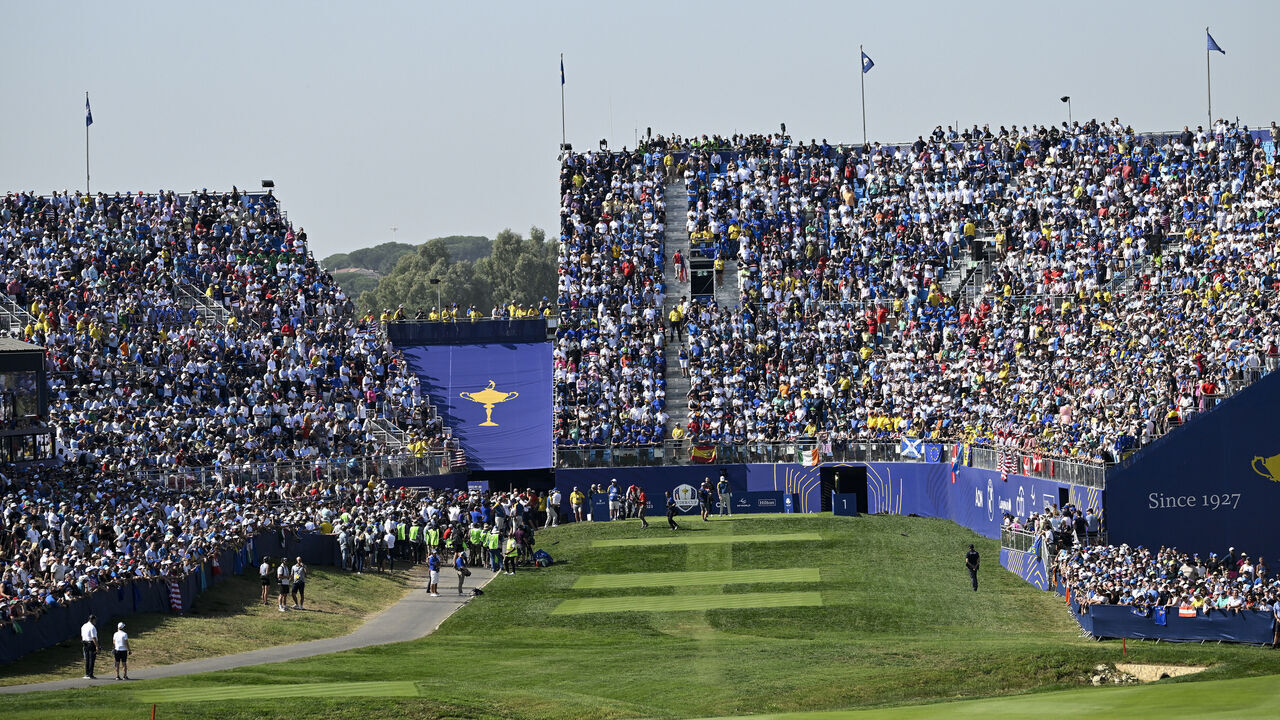 Hole one spectators on the stands during the 2023 Ryder Cup at Marco Simone Golf and Country Club. Rome, (Italy), October 1st, 2023.