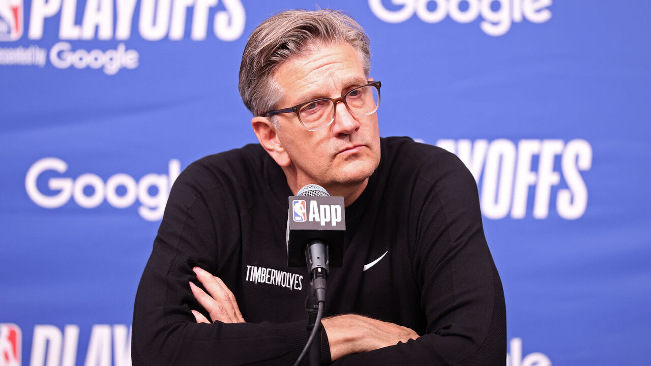MINNEAPOLIS, MN - MAY 6: Head Coach Chris Finch of the Minnesota Timberwolves speaks at a press conference after the game against the Golden State Warriors during Round Two Game One of the 2025 NBA Playoffs on May 6, 2025 at Target Center in Minneapolis, Minnesota. Mandatory Copyright Notice: Copyright 2025 NBAE