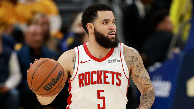 SAN FRANCISCO, CALIFORNIA - MAY 02: Fred VanVleet #5 of the Houston Rockets dribbles the ball against the Golden State Warriors in Game Six of the Western Conference First Round NBA Playoffs at Chase Center on May 02, 2025 in San Francisco, California.