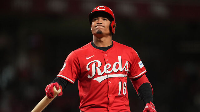 CINCINNATI, OHIO - MAY 03: Noelvi Marte #16 of the Cincinnati Reds bats during a baseball game against the Washington Nationals at Great American Ball Park on May 03, 2025 in Cincinnati, Ohio.