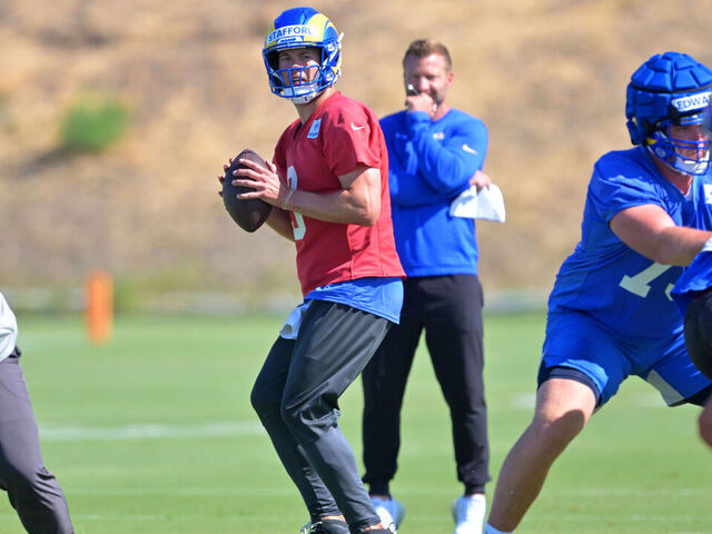 THOUSAND OAKS, CA - JUNE 07: Head coach Sean McVay looks on as quarterback Matthew Stafford #9 of the Los Angeles Rams participates in drills during mini camp at the team's facility at California Lutheran University on June 7, 2022 in Thousand Oaks, California.