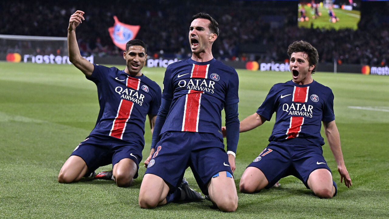 PARIS, FRANCE - MAY 07: Fabian Ruiz of Paris Saint-Germain celebrates after scoring with teammates Achraf Hakimi and Joao Neves during the UEFA Champions League 2024/25 Semi Final Second Leg match between Paris Saint-Germain and Arsenal FC at Parc des Princes on May 07, 2025 in Paris, France.