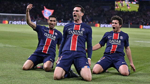 PARIS, FRANCE - MAY 07: Fabian Ruiz of Paris Saint-Germain celebrates after scoring with teammates Achraf Hakimi and Joao Neves during the UEFA Champions League 2024/25 Semi Final Second Leg match between Paris Saint-Germain and Arsenal FC at Parc des Princes on May 07, 2025 in Paris, France.