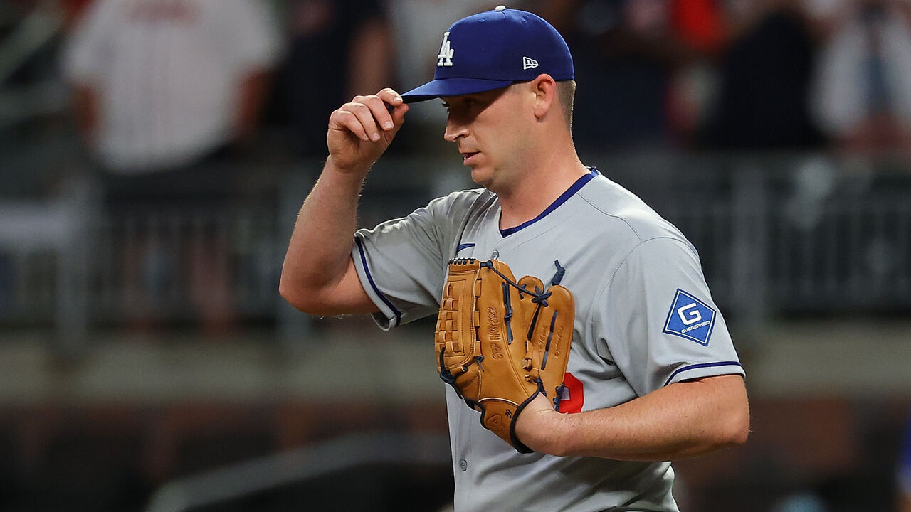 ATLANTA, GEORGIA - MAY 02: Evan Phillips #59 of the Los Angeles Dodgers reacts after their 2-1 win against the Atlanta Braves at Truist Park on May 02, 2025 in Atlanta, Georgia.