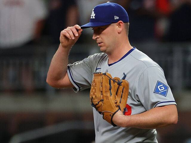 ATLANTA, GEORGIA - MAY 02: Evan Phillips #59 of the Los Angeles Dodgers reacts after their 2-1 win against the Atlanta Braves at Truist Park on May 02, 2025 in Atlanta, Georgia.