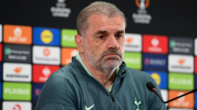 BODO, NORWAY - MAY 07: Ange Postecoglou, Manager of Tottenham Hotspur, talks during a press conference ahead of their UEFA Europe League 2024/25 semi final second leg match against FK Bodo/Glimt at Aspmyra Stadion on May 07, 2025 in Bodo, Norway.