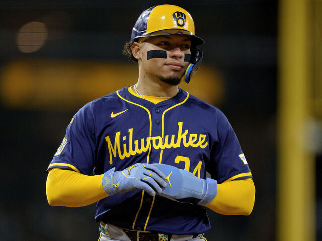 CHICAGO, ILLINOIS - APRIL 29: William Contreras #24 of the Milwaukee Brewers looks on in a game against the Chicago White Sox at Rate Field on April 29, 2025 in Chicago, Illinois.