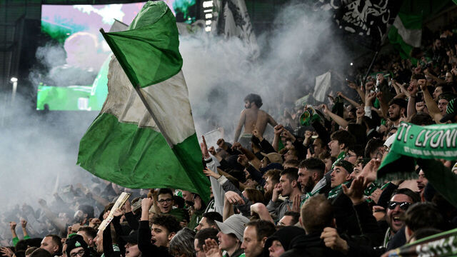 Saint-Etienne's supporters celebrate after winning the French L1 football match between AS Saint-Etienne and Olympique Lyonnais (OL) at the Geoffroy-Guichard Stadium in Saint-Etienne, central France on April 20, 2025.
