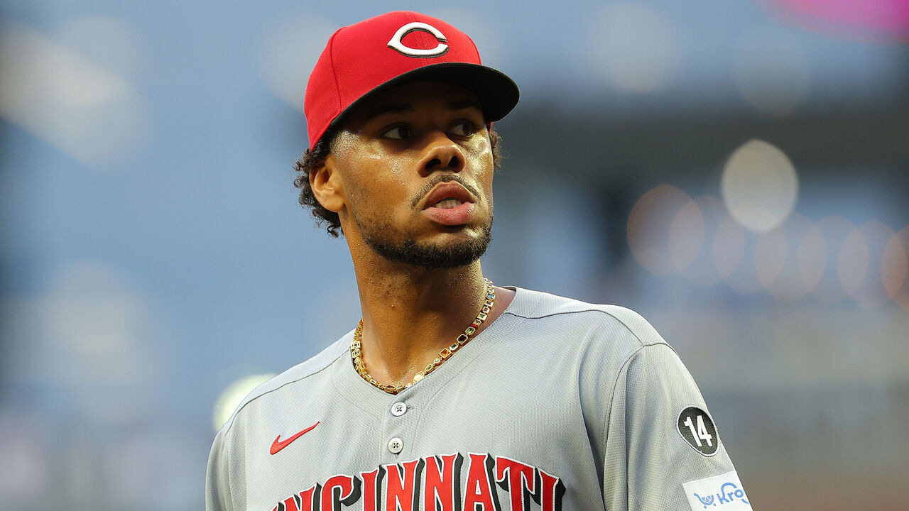 ATLANTA, GEORGIA - MAY 07: Hunter Greene #21 of the Cincinnati Reds walks off the field after pitching in the second inning against the Atlanta Braves at Truist Park on May 07, 2025 in Atlanta, Georgia.