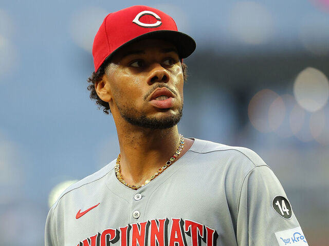 ATLANTA, GEORGIA - MAY 07: Hunter Greene #21 of the Cincinnati Reds walks off the field after pitching in the second inning against the Atlanta Braves at Truist Park on May 07, 2025 in Atlanta, Georgia.