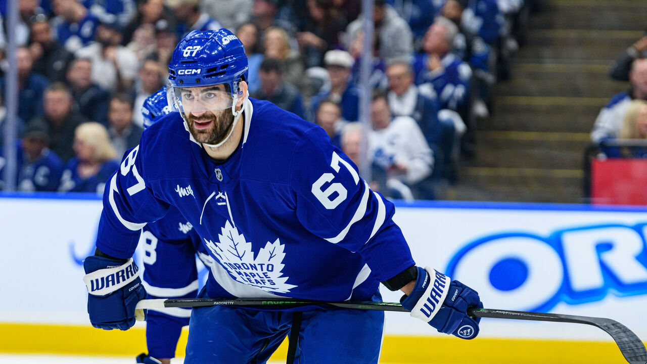 TORONTO, ON - MAY 05: Toronto Maple Leafs Left Wing Max Pacioretty (67) reacts during the 2025 NHL Stanley Cup playoffs second round game one between the Florida Panthers and the Toronto Maple Leafs on May 5, 2025, at Scotiabank Arena in Toronto, ON, Canada.