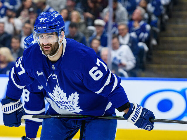 TORONTO, ON - MAY 05: Toronto Maple Leafs Left Wing Max Pacioretty (67) reacts during the 2025 NHL Stanley Cup playoffs second round game one between the Florida Panthers and the Toronto Maple Leafs on May 5, 2025, at Scotiabank Arena in Toronto, ON, Canada.
