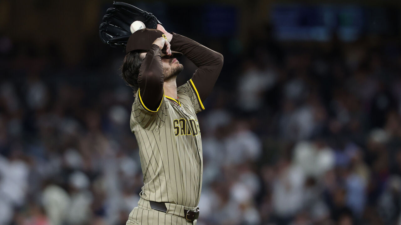 NEW YORK, NEW YORK - MAY 07: Dylan Cease #84 of the San Diego Padres reacts after giving up a no hitter in the seventh inning against the New York Yankees during their game at Yankee Stadium on May 07, 2025 in New York City.