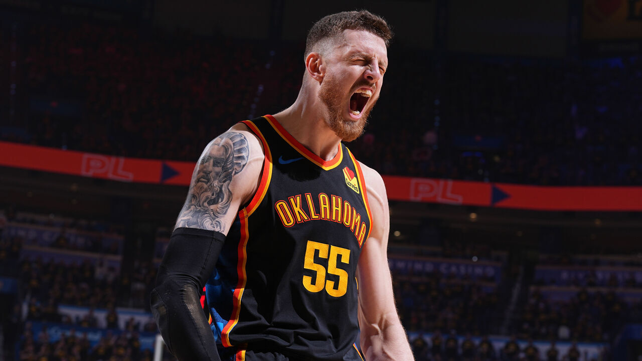 OKLAHOMA CITY, OK - MAY 7: Isaiah Hartenstein #55 of the Oklahoma City Thunder celebrates during the game against the Denver Nuggets during Round 2 Game 2 of the 2025 NBA Playoffs on May 7, 2025 at Paycom Center in Oklahoma City, Oklahoma. Mandatory Copyright Notice: Copyright 2025 NBAE
