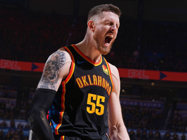 OKLAHOMA CITY, OK - MAY 7: Isaiah Hartenstein #55 of the Oklahoma City Thunder celebrates during the game against the Denver Nuggets during Round 2 Game 2 of the 2025 NBA Playoffs on May 7, 2025 at Paycom Center in Oklahoma City, Oklahoma. Mandatory Copyright Notice: Copyright 2025 NBAE