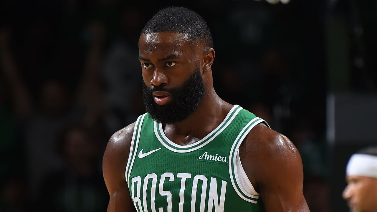 BOSTON, MA - MAY 7: Jaylen Brown #7 of the Boston Celtics looks on during the game against the New York Knicks during Round 2 Game 2 on May 7, 2025 at TD Garden in Boston, Massachusetts. NOTE TO USER: User expressly acknowledges and agrees that, by downloading and/or using this Photograph, user is consenting to the terms and conditions of the Getty Images License Agreement. Mandatory Copyright Notice: Copyright 2025 NBAE