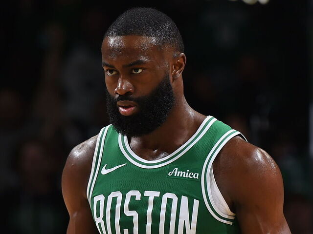 BOSTON, MA - MAY 7: Jaylen Brown #7 of the Boston Celtics looks on during the game against the New York Knicks during Round 2 Game 2 on May 7, 2025 at TD Garden in Boston, Massachusetts. NOTE TO USER: User expressly acknowledges and agrees that, by downloading and/or using this Photograph, user is consenting to the terms and conditions of the Getty Images License Agreement. Mandatory Copyright Notice: Copyright 2025 NBAE