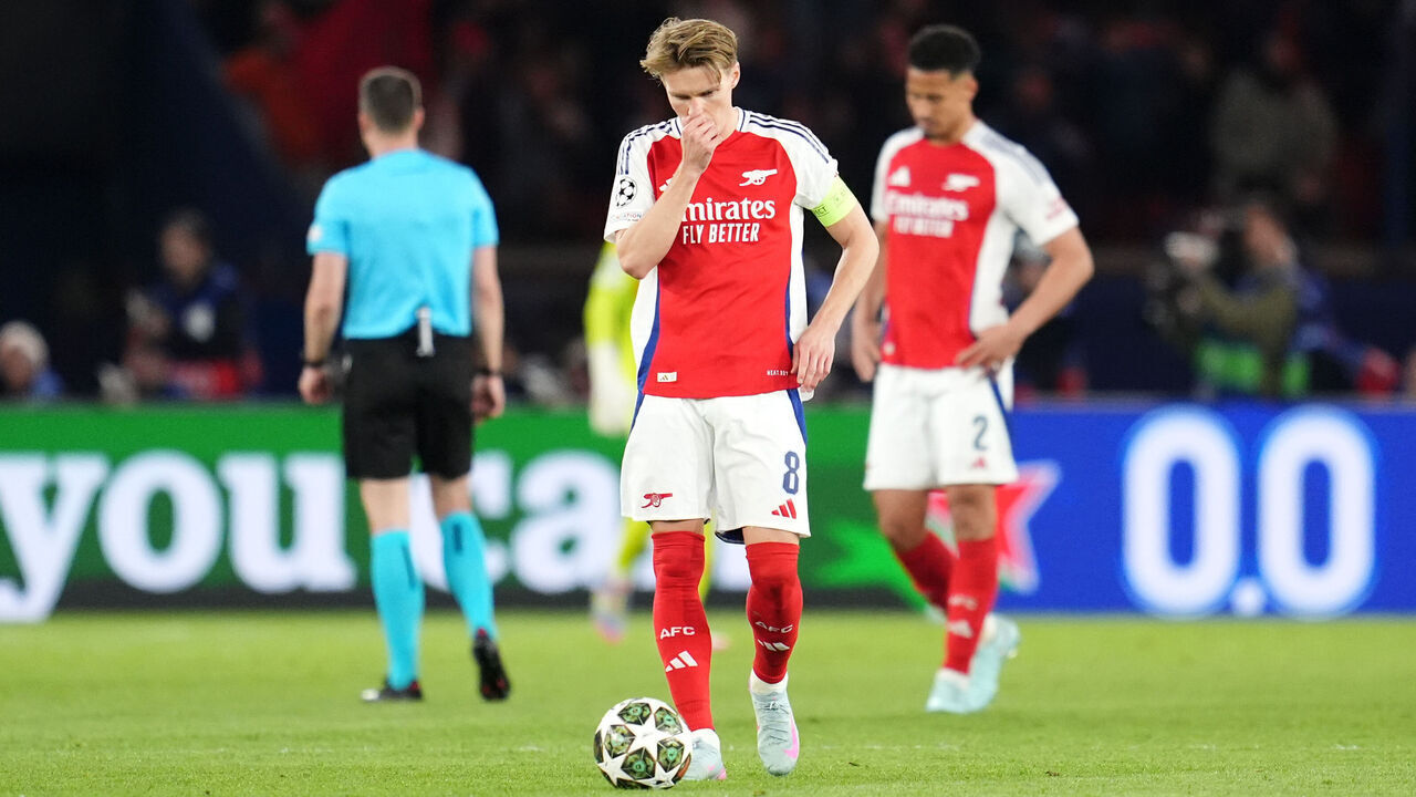 Arsenal's Martin Odegaard looks dejected after Paris Saint-Germain score their second goal of the game, scored by Achraf Hakimi (not pictured) during the UEFA Champions League semi final, second leg match at the Parc des Princes in Paris, France. Picture date: Wednesday May 7, 2025.