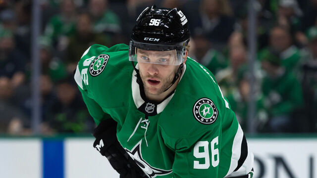 DALLAS, TEXAS - APRIL 12: Mikko Rantanen #96 of the Dallas Stars looks on during the first period against the Utah Hockey Club at American Airlines Center on April 12, 2025 in Dallas, Texas.