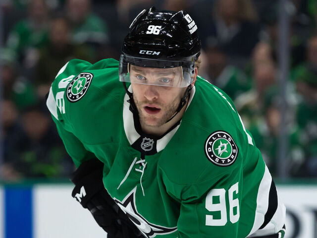DALLAS, TEXAS - APRIL 12: Mikko Rantanen #96 of the Dallas Stars looks on during the first period against the Utah Hockey Club at American Airlines Center on April 12, 2025 in Dallas, Texas.