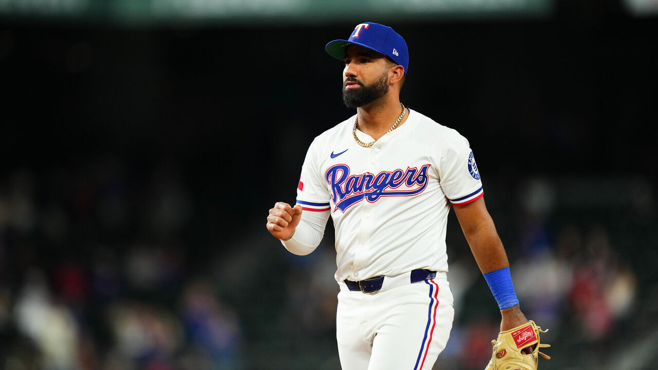 ARLINGTON, TX - APRIL 15: Ezequiel Duran #20 of the Texas Rangers celebrates after defeating the Los Angeles Angels at Globe Life Field on Tuesday, April 15, 2025 in Arlington, Texas.
