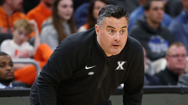 MILWAUKEE, WISCONSIN - MARCH 21: Head coach Sean Miller of the Xavier Musketeers looks on in the first half against the Illinois Fighting Illini in the first round of the NCAA Men's Basketball Tournament at Fiserv Forum on March 21, 2025 in Milwaukee, Wisconsin.
