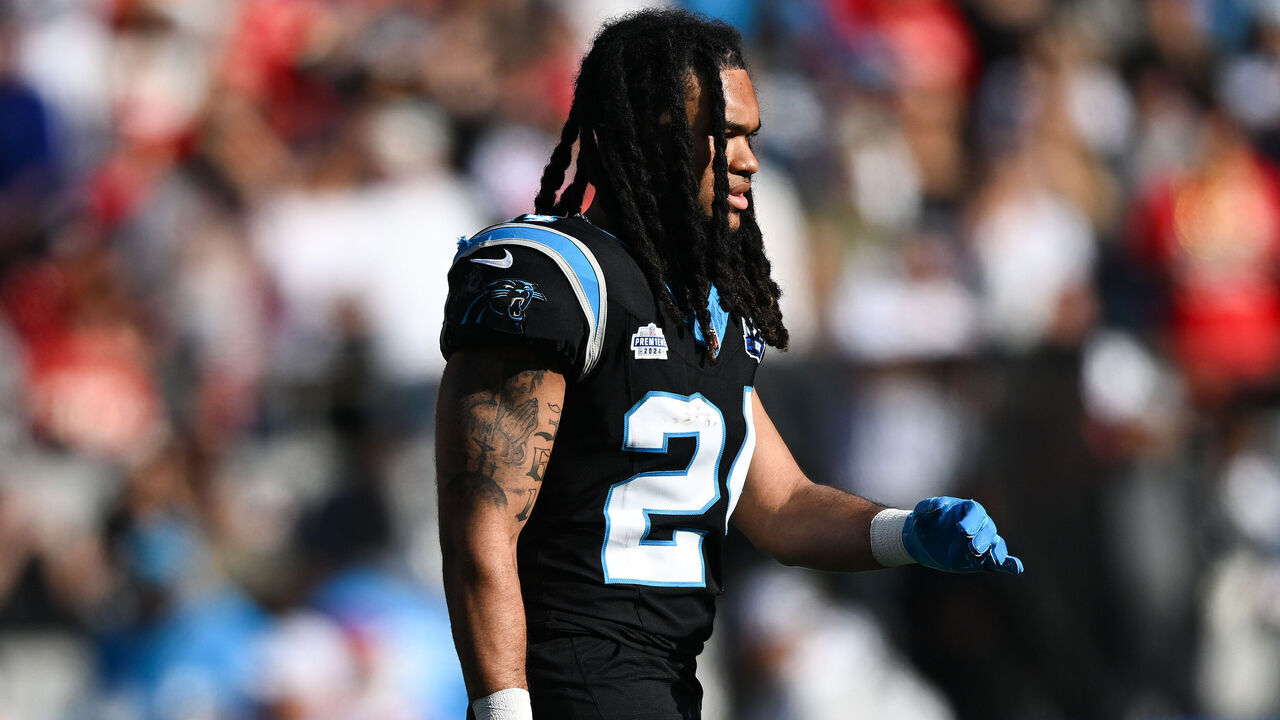 CHARLOTTE, NORTH CAROLINA - NOVEMBER 24: Jonathon Brooks #24 of the Carolina Panthers looks on during the second quarter of his game against the Kansas City Chiefs at Bank of America Stadium on November 24, 2024 in Charlotte, North Carolina.