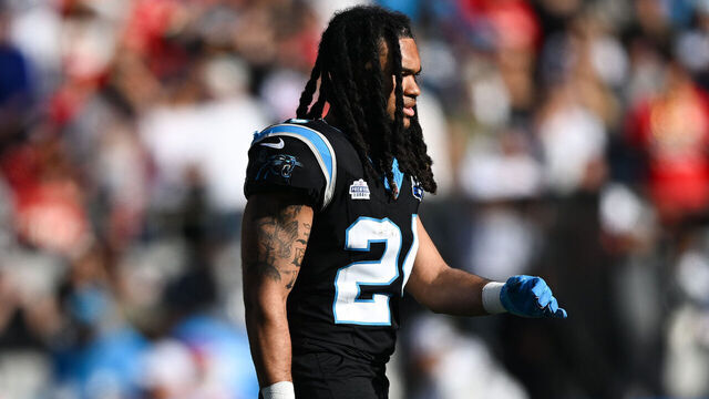 CHARLOTTE, NORTH CAROLINA - NOVEMBER 24: Jonathon Brooks #24 of the Carolina Panthers looks on during the second quarter of his game against the Kansas City Chiefs at Bank of America Stadium on November 24, 2024 in Charlotte, North Carolina.