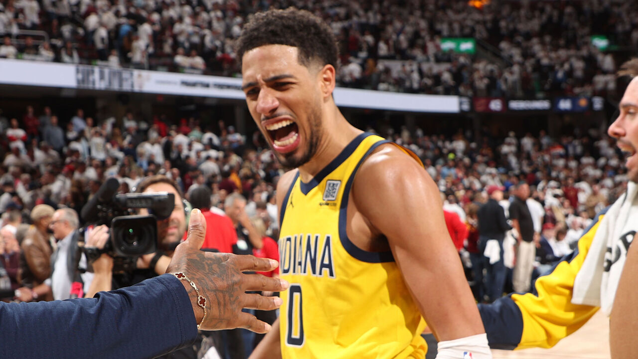 CLEVELAND, OH - MAY 6: Tyrese Haliburton #0 of the Indiana Pacers celebrates after the game against the Cleveland Cavaliers during Round 2 Game 2 of the 2025 NBA Playoffs on May 6, 2025 at Rocket Arena in Cleveland, Ohio. NOTE TO USER: User expressly acknowledges and agrees that, by downloading and/or using this Photograph, user is consenting to the terms and conditions of the Getty Images License Agreement. Mandatory Copyright Notice: Copyright 2025 NBAE
