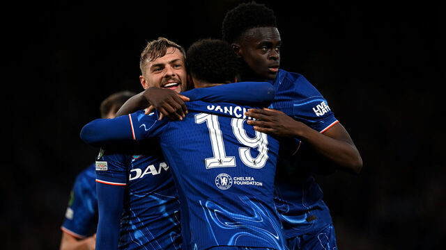 LONDON, ENGLAND - MAY 08: Kiernan Dewsbury-Hall of Chelsea celebrates scoring his team's first goal with teammates Jadon Sancho and Tyrique George during the UEFA Conference League 2024/25 Semi Final Second Leg match between Chelsea FC v Djurgarden at Stamford Bridge on May 08, 2025 in London, England.