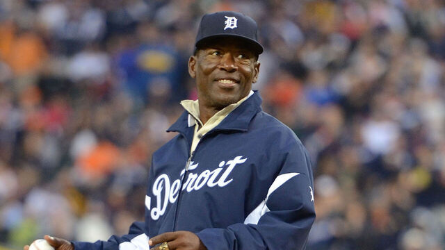 DETROIT, MI - OCTOBER 12: Former Detroit Tigers outfielder Chet Lemon throws the ceremonial first pitch during a pre-game ceremony before Game Four of the American League Championship Series against the Texas Rangers at Comerica Park on October 12, 2011 in Detroit, Michigan. The Rangers defeated the Tigers 7-3.