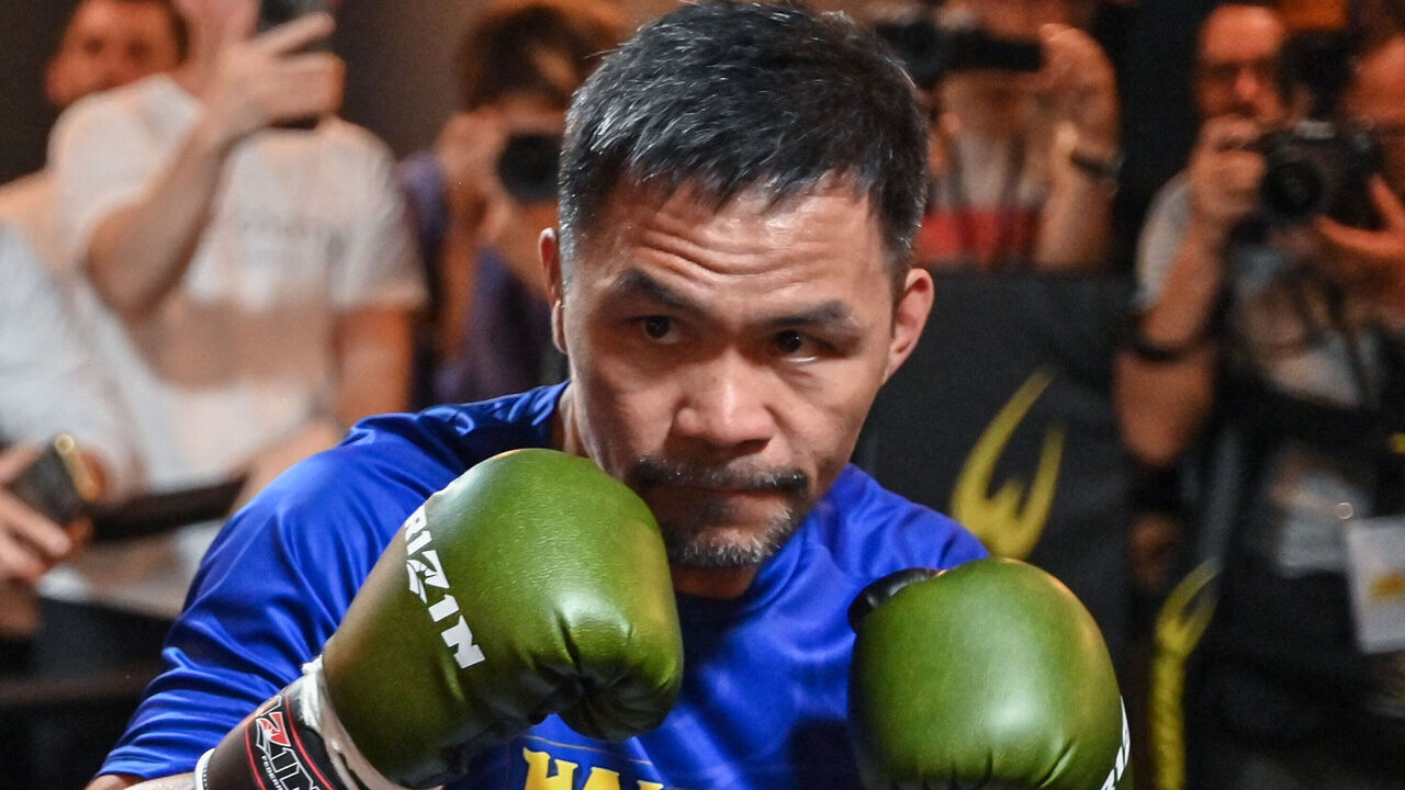 Philippine boxing legend Manny Pacquiao takes part in a training session at a gym in central Tokyo on July 25, 2024, three days ahead of his three-round exhibition boxing match against Japanese mixed martial artist Rukiya Anpo.
