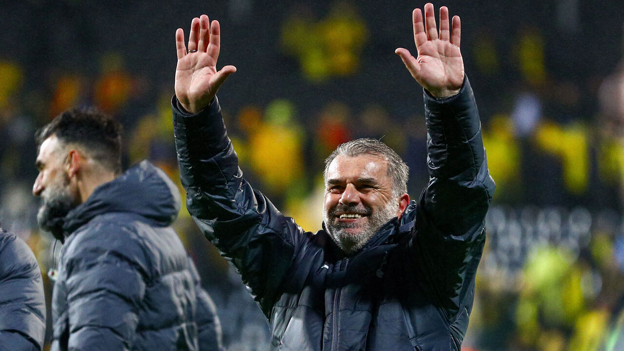 Tottenham Hotspur's Greek-Australian head coach Ange Postecoglou celebrates at the end of the UEFA Europa League semi-final second leg football match between Bodoe/Glimt and Tottenham Hotspur in Bodoe, Norway on May 8, 2025. Tottenham kept alive their hopes of ending a 17-year trophy drought and saving Ange Postecoglou from the sack as they beat Bodo/Glimt 2-0 on May 8 to book a Europa League final clash against Manchester United.