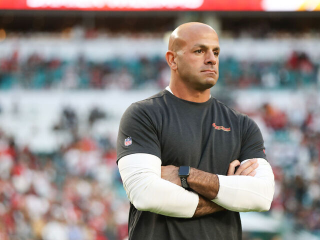 MIAMI GARDENS, FLORIDA - FEBRUARY 02: San Francisco 49ers defensive coordinator Robert Saleh on the field against the Kansas City Chiefs prior to Super Bowl LIV at Hard Rock Stadium on February 2, 2020 in Miami Gardens, Florida.
