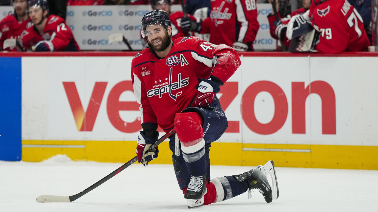 WASHINGTON, DC - MAY 6: Tom Wilson #43 of the Washington Capitals smiles during the second period of Game One of the Second Round of the 2025 Stanley Cup Playoffs against the Carolina Hurricanes at Capital One Arena on May 6, 2025 in Washington, D.C.