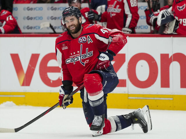 WASHINGTON, DC - MAY 6: Tom Wilson #43 of the Washington Capitals smiles during the second period of Game One of the Second Round of the 2025 Stanley Cup Playoffs against the Carolina Hurricanes at Capital One Arena on May 6, 2025 in Washington, D.C.