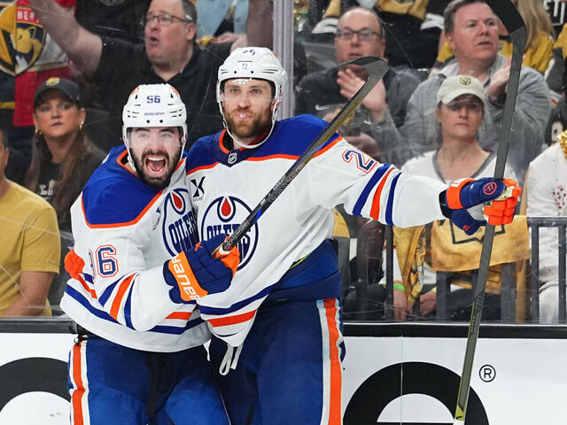 LAS VEGAS, NEVADA - MAY 08: Leon Draisaitl #29 of the Edmonton Oilers celebrates with teammates after scoring the game-winning goal to defeat the Vegas Golden Knights in overtime of Game Two of the Second Round of the 2025 Stanley Cup Playoffs at T-Mobile Arena on May 08, 2025 in Las Vegas, Nevada.
