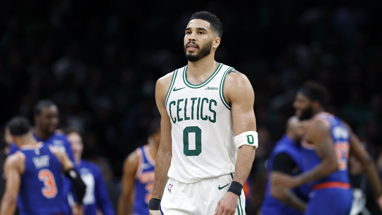 Boston, MA - May 5: Boston Celtics forward Jayson Tatum walks off the court after Game 1 of the NBA Eastern Conference semifinal against the New York Knicks at TD Garden.