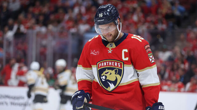 SUNRISE, FL - OCTOBER 08: Florida Panthers center Aleksander Barkov (16) reacts after a Boston Bruins goal in the first period during the game between the Boston Bruins and the Florida Panthers on Tuesday, October 8, 2024 at Amerant Bank Arena in Sunrise, Fla.