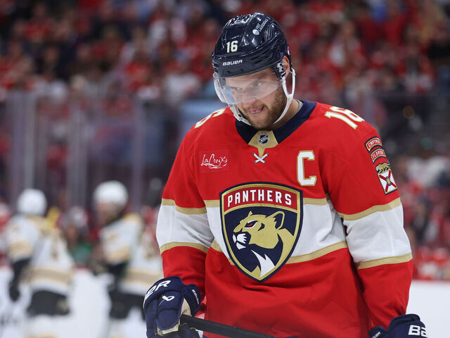 SUNRISE, FL - OCTOBER 08: Florida Panthers center Aleksander Barkov (16) reacts after a Boston Bruins goal in the first period during the game between the Boston Bruins and the Florida Panthers on Tuesday, October 8, 2024 at Amerant Bank Arena in Sunrise, Fla.