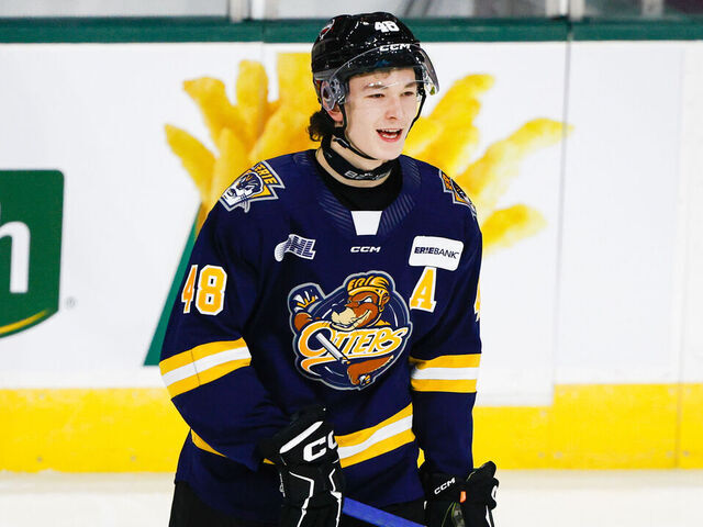 LONDON, ONTARIO, CANADA - NOVEMBER 26: Matthew Schaefer #48 of Team CHL has a few laughs before the CHL USA Prospects Challenge between USA and CHL at Canada Life Place on November 26, 2024 in London, Ontario, Canada.