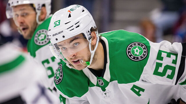 DENVER, COLORADO - MAY 01: Wyatt Johnston #53 of the Dallas Stars leans down during a face-off in the second period of Game Six of the First Round of the Stanley Cup Playoffs against the Colorado Avalanche at Ball Arena on May 01, 2025 in Denver, Colorado.