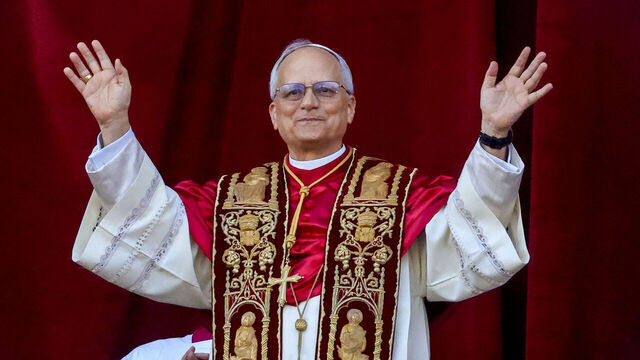 ST PETER SQUARE, VATICAN CITY, VATICAN - 2025/05/08: Pope Leo 14th, American Cardinal Robert Francis Prevost, waves on the Balcony of Benedictions of St. Peter's Basilica after the cardinals assembled in the Conclave elected him.