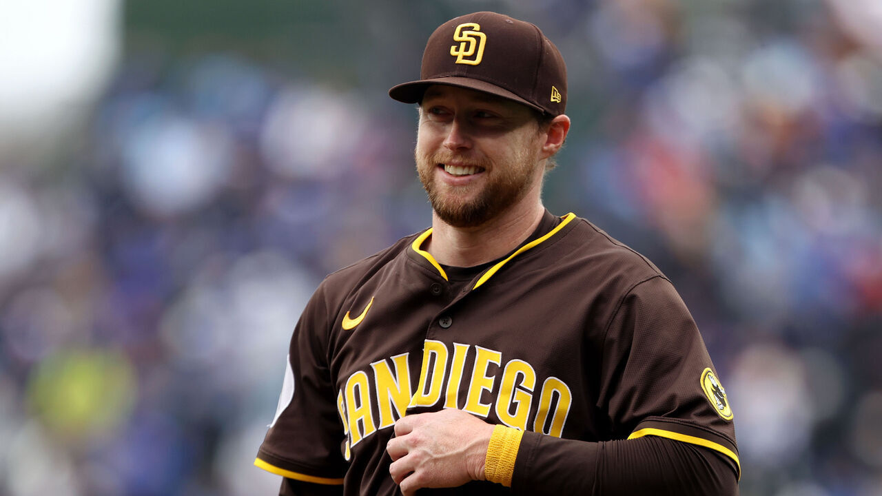 CHICAGO, IL - APRIL 04: Jake Cronenworth #9 of the San Diego Padres looks on during player introductions prior to the game between the San Diego Padres and the Chicago Cubs at Wrigley Field on Friday, April 4, 2025 in Chicago, Illinois.