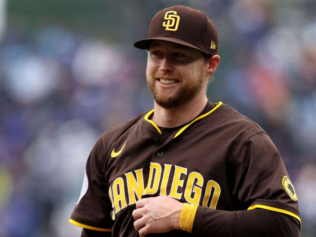 CHICAGO, IL - APRIL 04: Jake Cronenworth #9 of the San Diego Padres looks on during player introductions prior to the game between the San Diego Padres and the Chicago Cubs at Wrigley Field on Friday, April 4, 2025 in Chicago, Illinois.