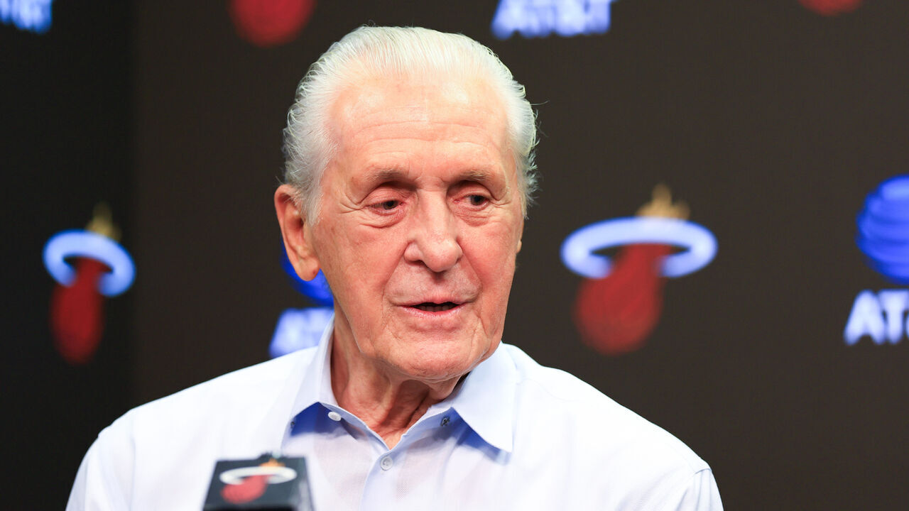 MIAMI, FLORIDA - FEBRUARY 09: Pat Riley speaks to media at Kaseya Center on February 09, 2025 in Miami, Florida.