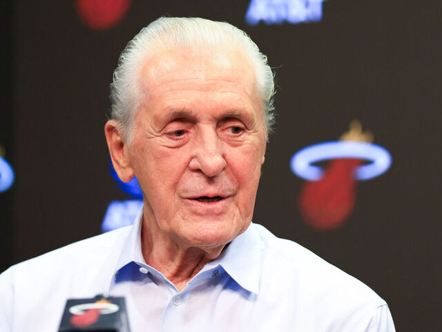 MIAMI, FLORIDA - FEBRUARY 09: Pat Riley speaks to media at Kaseya Center on February 09, 2025 in Miami, Florida.