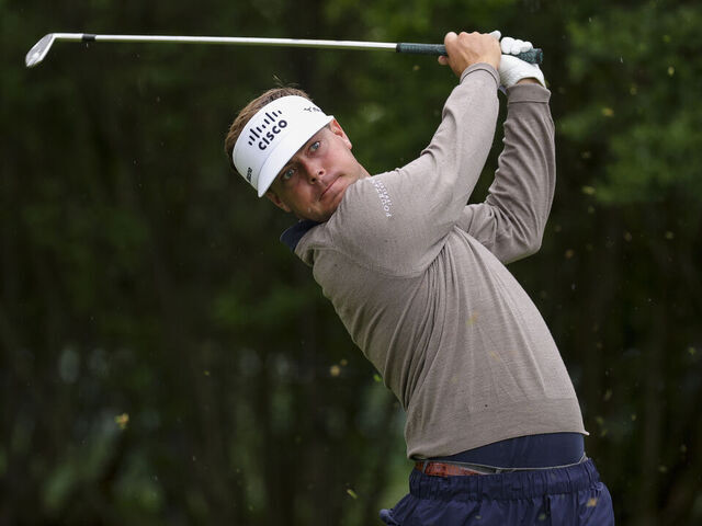 FLOURTOWN, PENNSYLVANIA - MAY 09: Keith Mitchell hits a tee shot on the third hole during the second round of the Truist Championship 2025 at The Wissahickon at Philadelphia Cricket Club on May 09, 2025 in Flourtown, Pennsylvania.