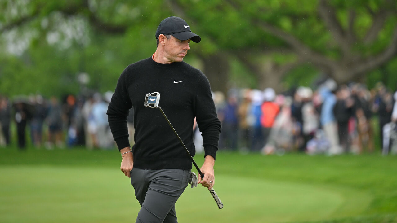 FLOURTOWN, PHILADELPHIA - MAY 09: Rory McIlroy of Northern Ireland reads the sixth green during the second round of Truist Championship at The Philadelphia Cricket Club (Wissahickon Course) on May 9, 2025 in Flourtown, Philadelphia.
